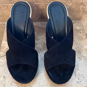 Tory Burch Bailey black suede leather cross strap wedge mule size 8.5